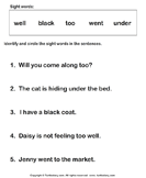 Identify Sight Words Well Black Too Went Under
