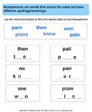 Fill in Letters to Complete the Homophone - homonyms-homophones - First Grade