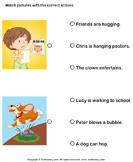 Action Verbs: Choose the Right Sentence - verb - Kindergarten