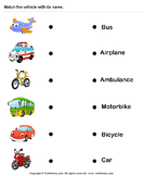 Vehicles - Identify and Match Names - vocabulary - Kindergarten