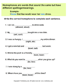 Complete the Sentences with Correct Homophone - homonyms-homophones - First Grade