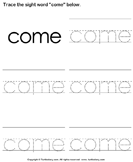 Sight Word Come Tracing Sheet
