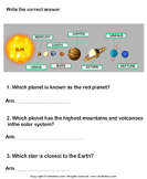 Solar System: Answer the Questions - solar-system - Second Grade