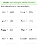 Unscramble each Antonym and Write on the Line