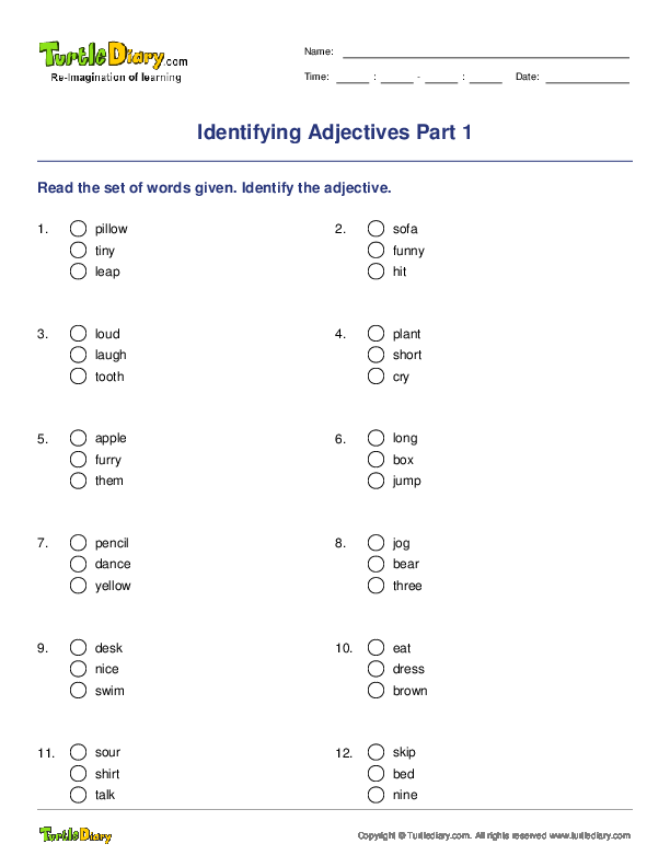 Identifying Adjectives Part 1 Turtle Diary Worksheet