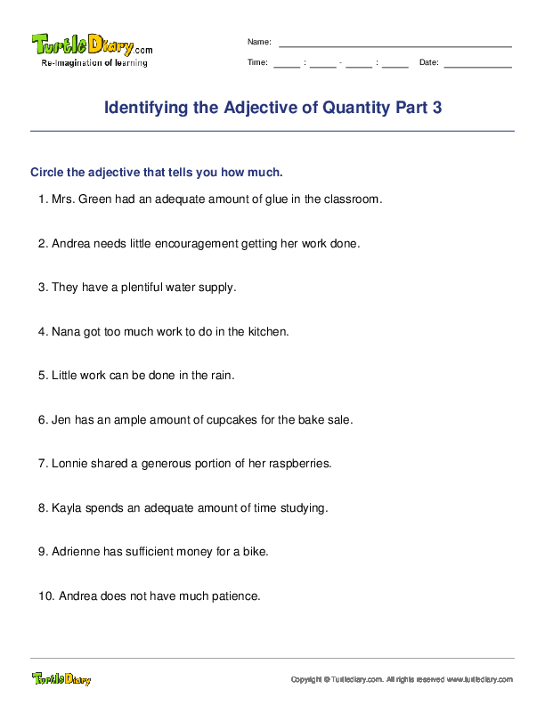 Identifying the Adjective of Quantity Part 3