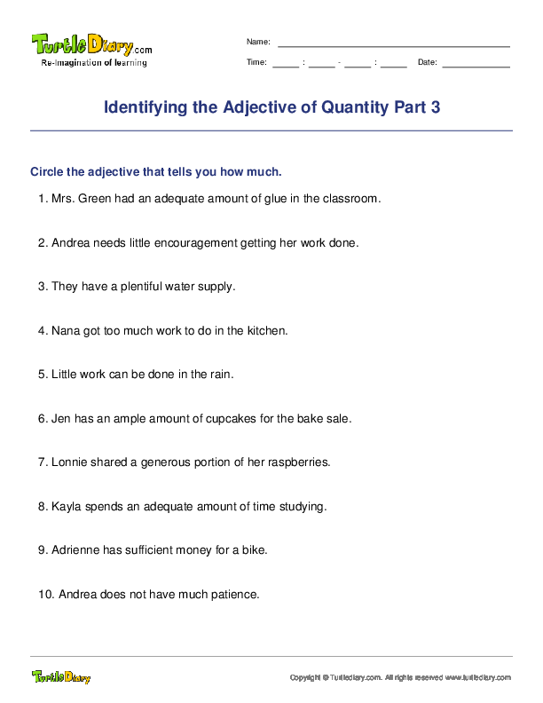Identifying The Adjective Of Quantity Part 3 Turtle Diary Worksheet