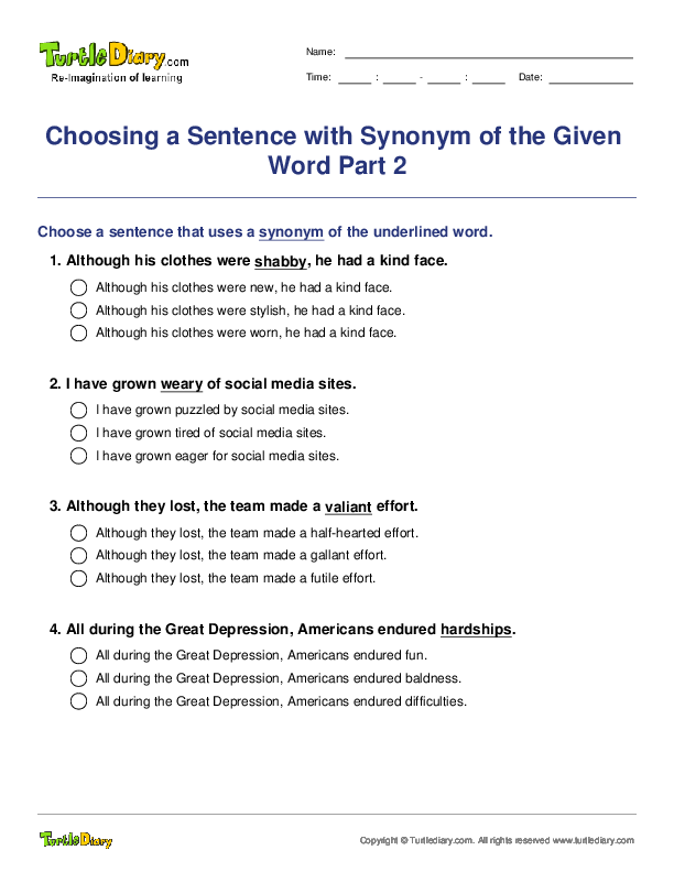 Choosing a Sentence with Synonym of the Given Word Part 2