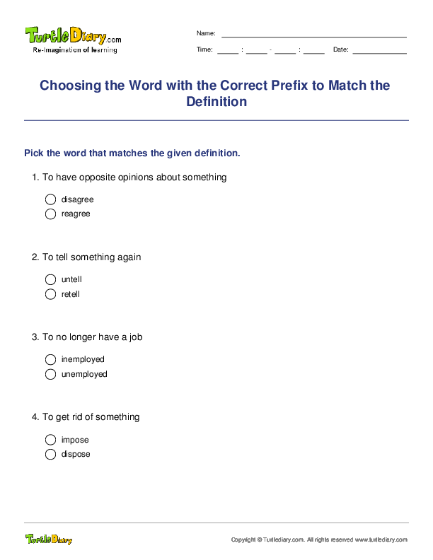 Choosing the Word with the Correct Prefix to Match the Definition