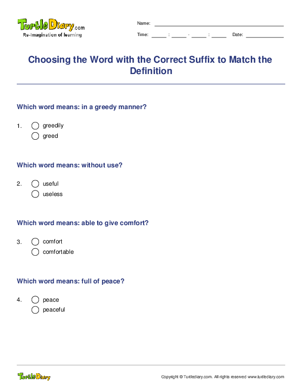 Choosing the Word with the Correct Suffix to Match the Definition