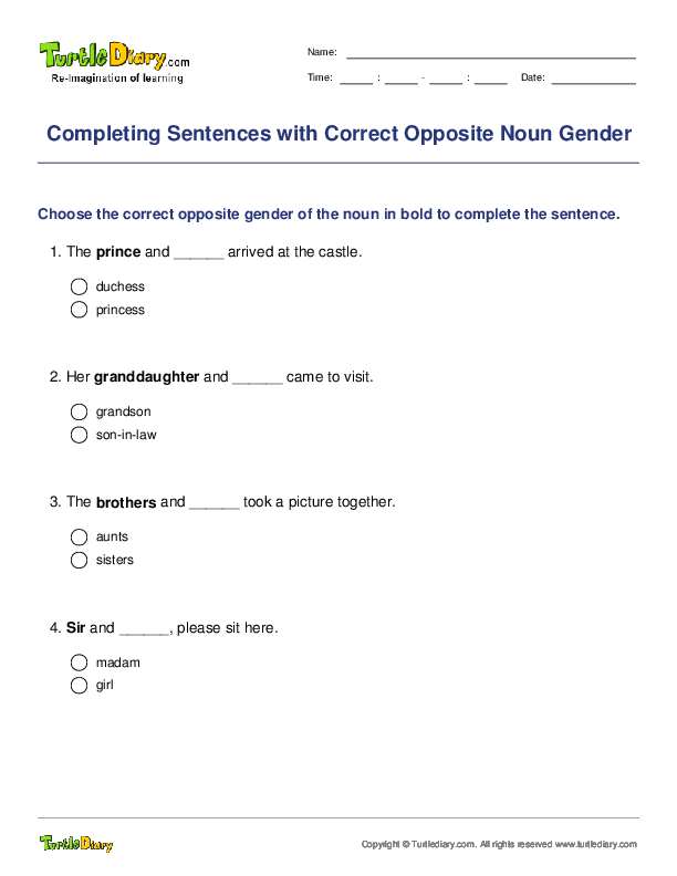 Completing Sentences with Correct Opposite Noun Gender