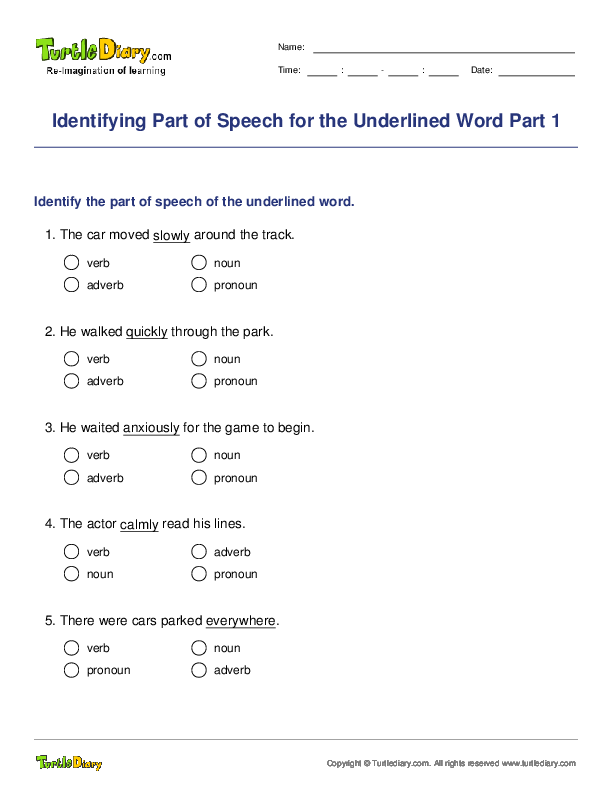 Identifying Part of Speech for the Underlined Word Part 1