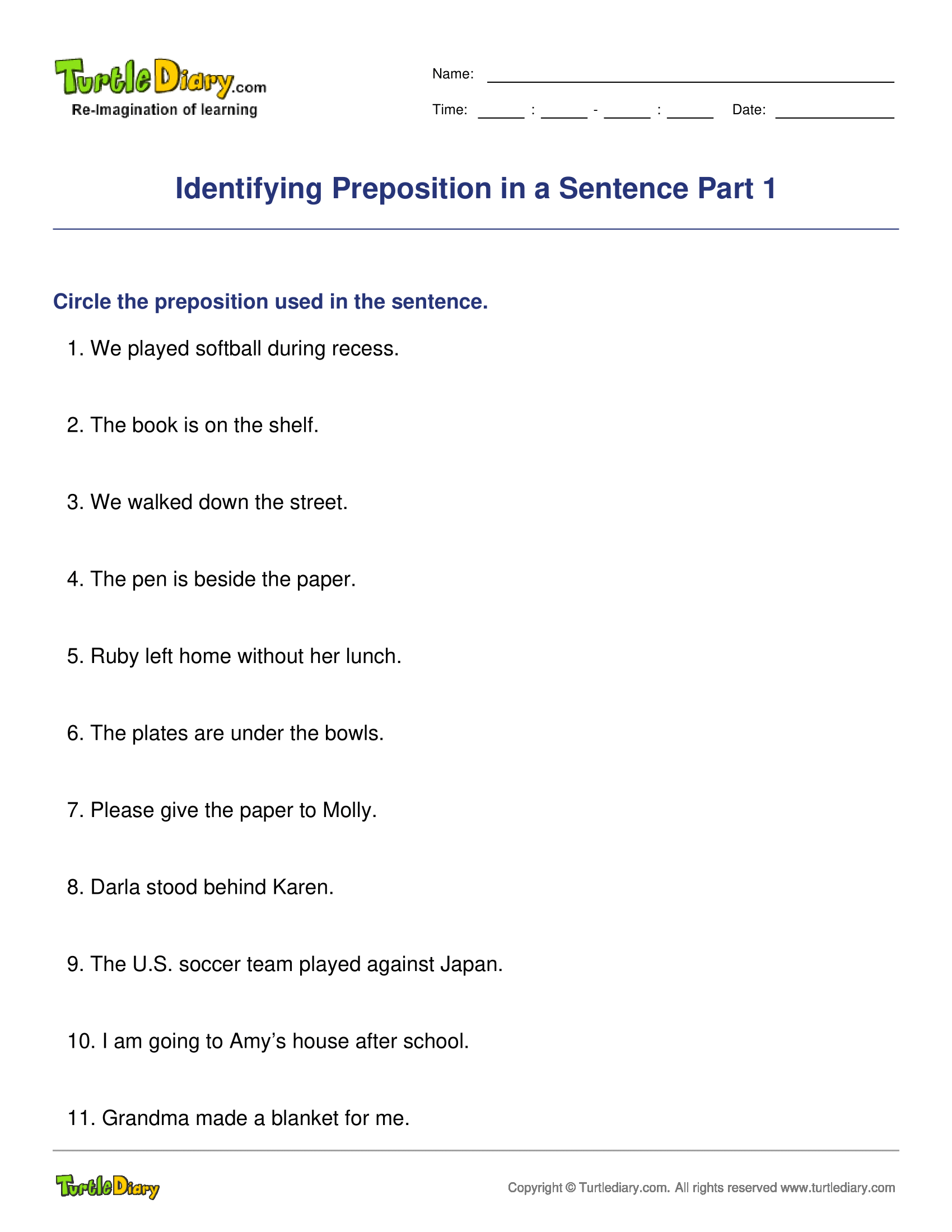 Identifying Preposition in a Sentence Part 1