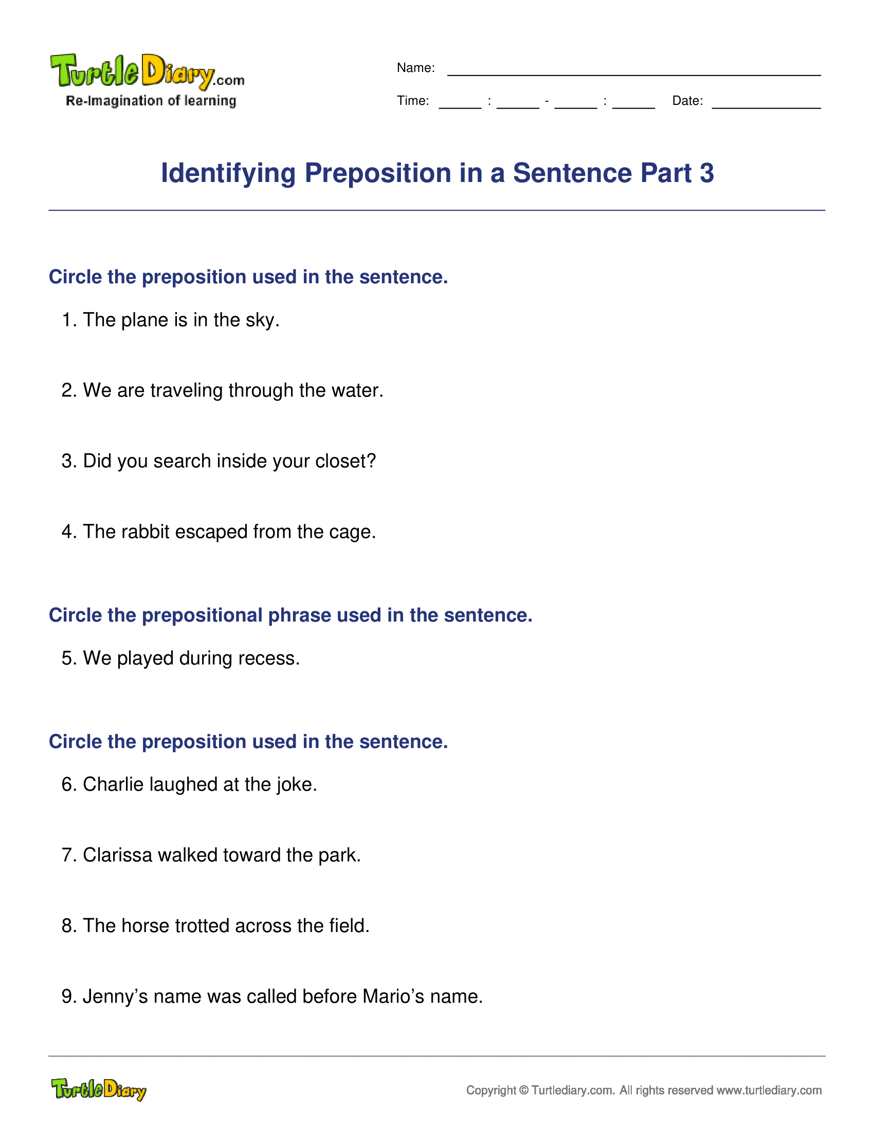 Identifying Preposition in a Sentence Part 3