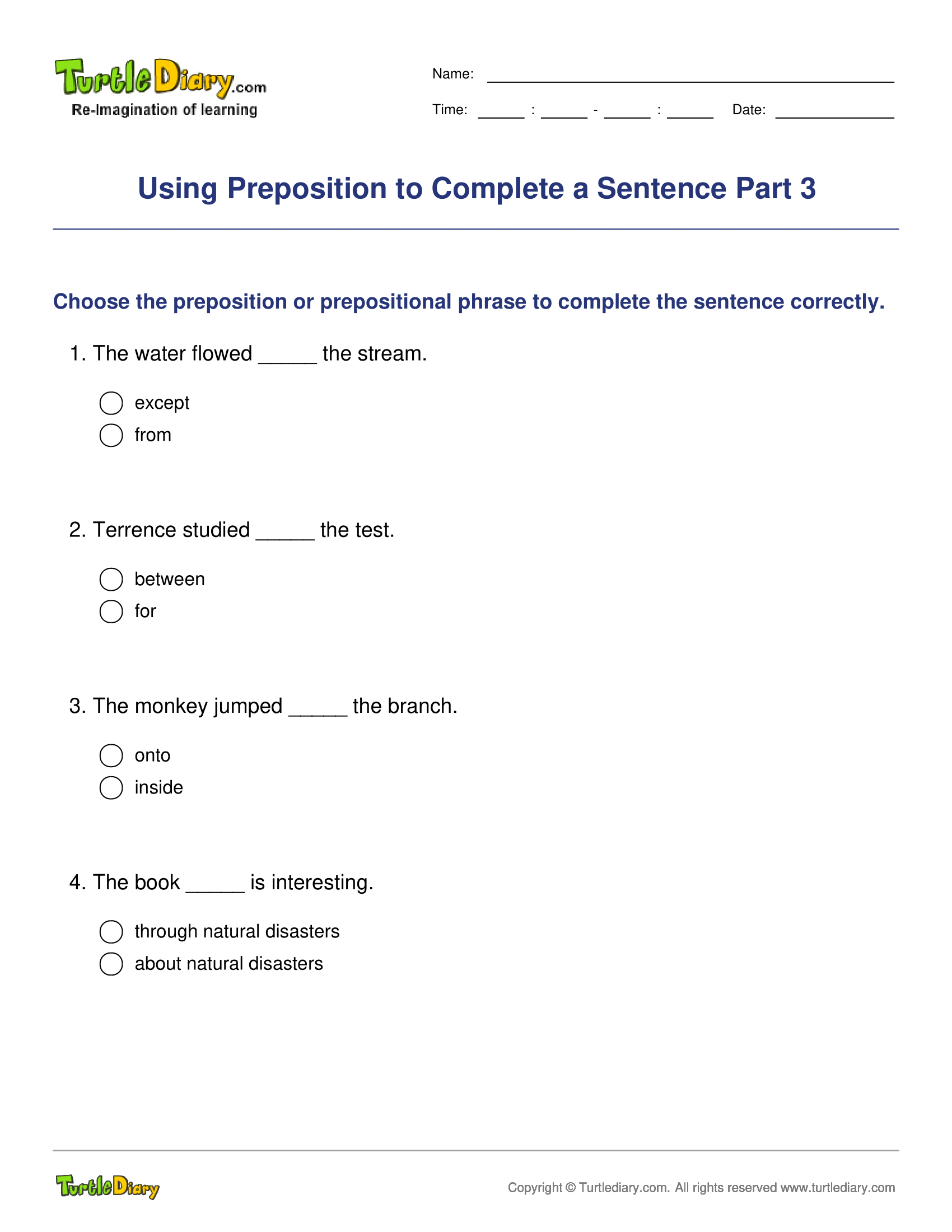 Using Preposition to Complete a Sentence Part 3