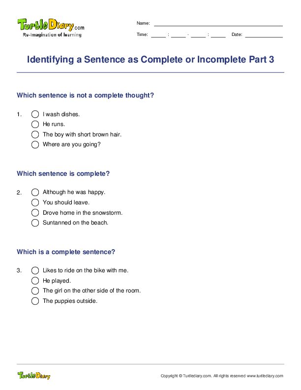 Identifying a Sentence as Complete or Incomplete Part 3