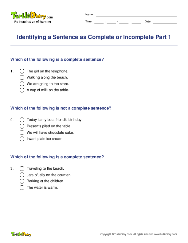 Identifying a Sentence as Complete or Incomplete Part 1