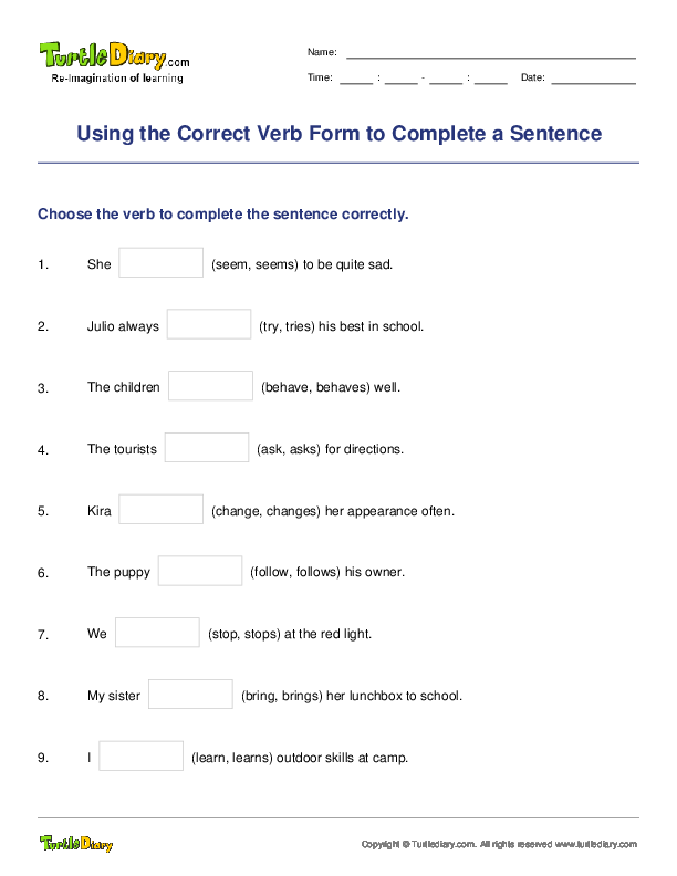 Using The Correct Verb Form To Complete A Sentence Turtle Diary Worksheet