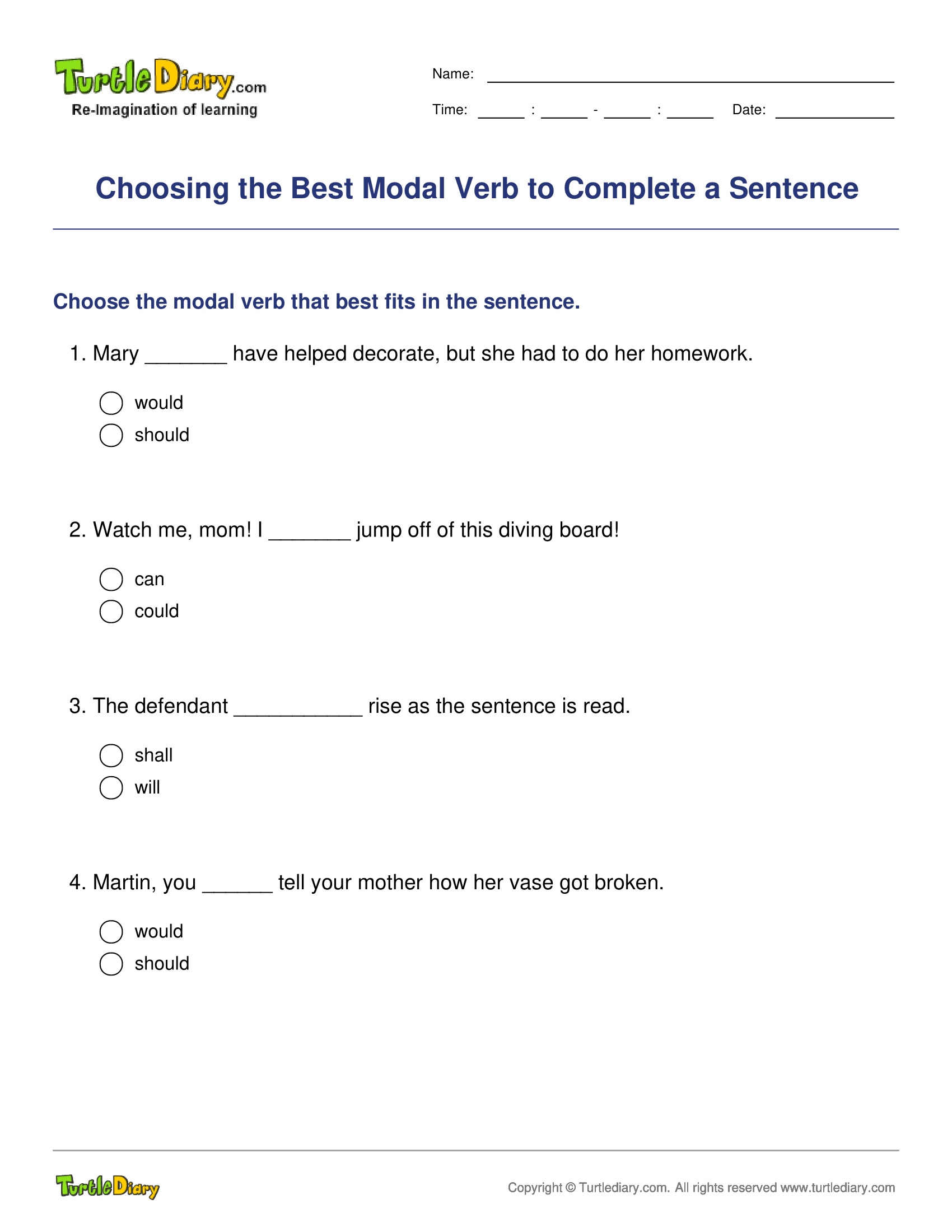 Choosing the Best Modal Verb to Complete a Sentence