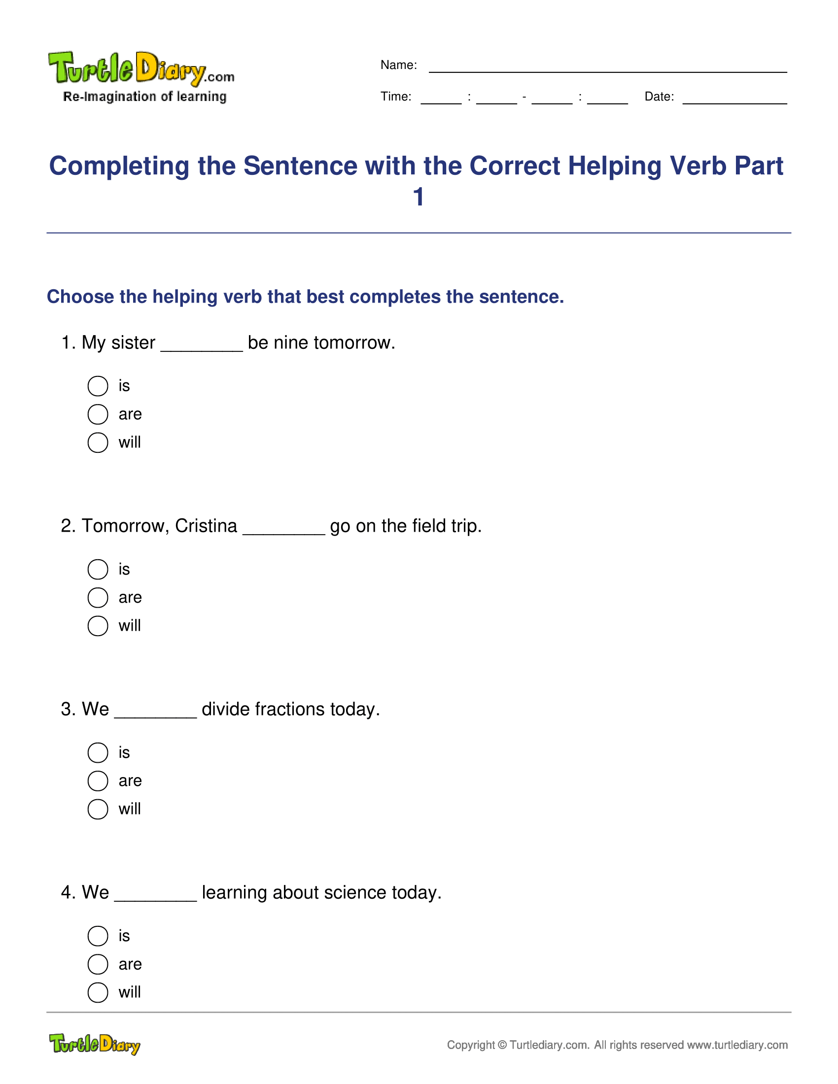 Completing the Sentence with the Correct Helping Verb Part 1