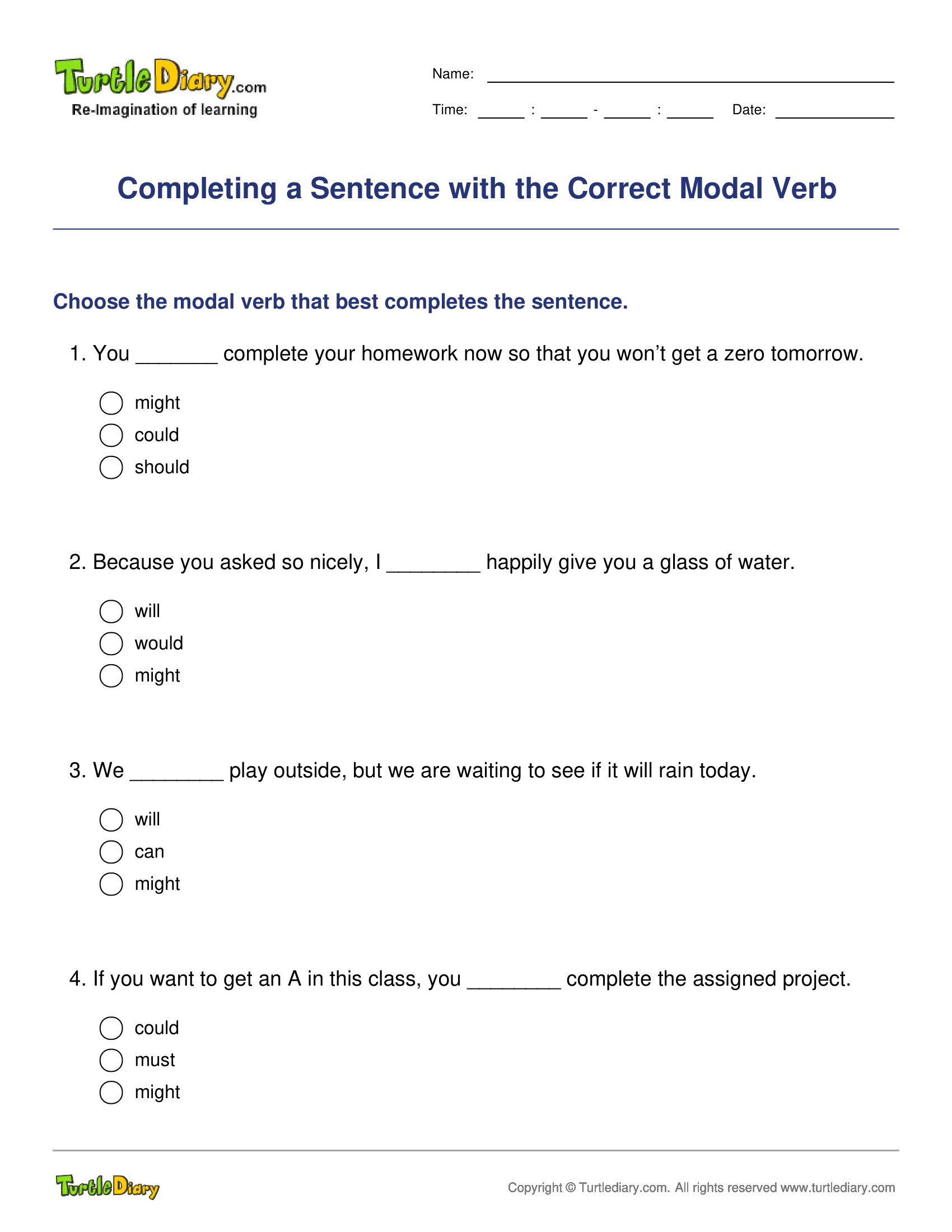 Completing a Sentence with the Correct Modal Verb