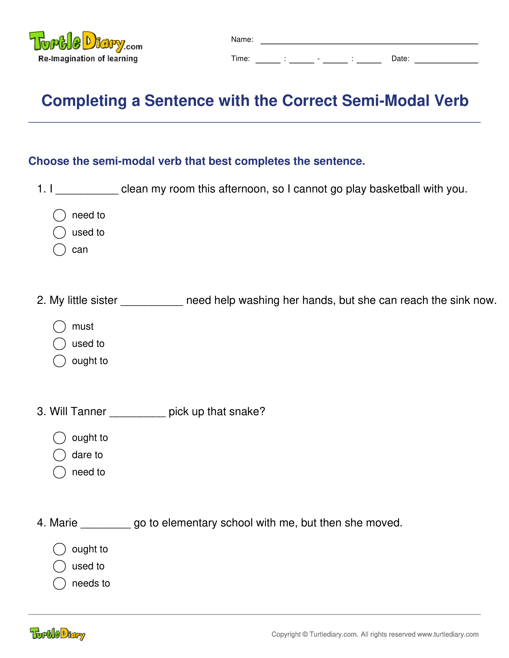 Completing a Sentence with the Correct Semi-Modal Verb
