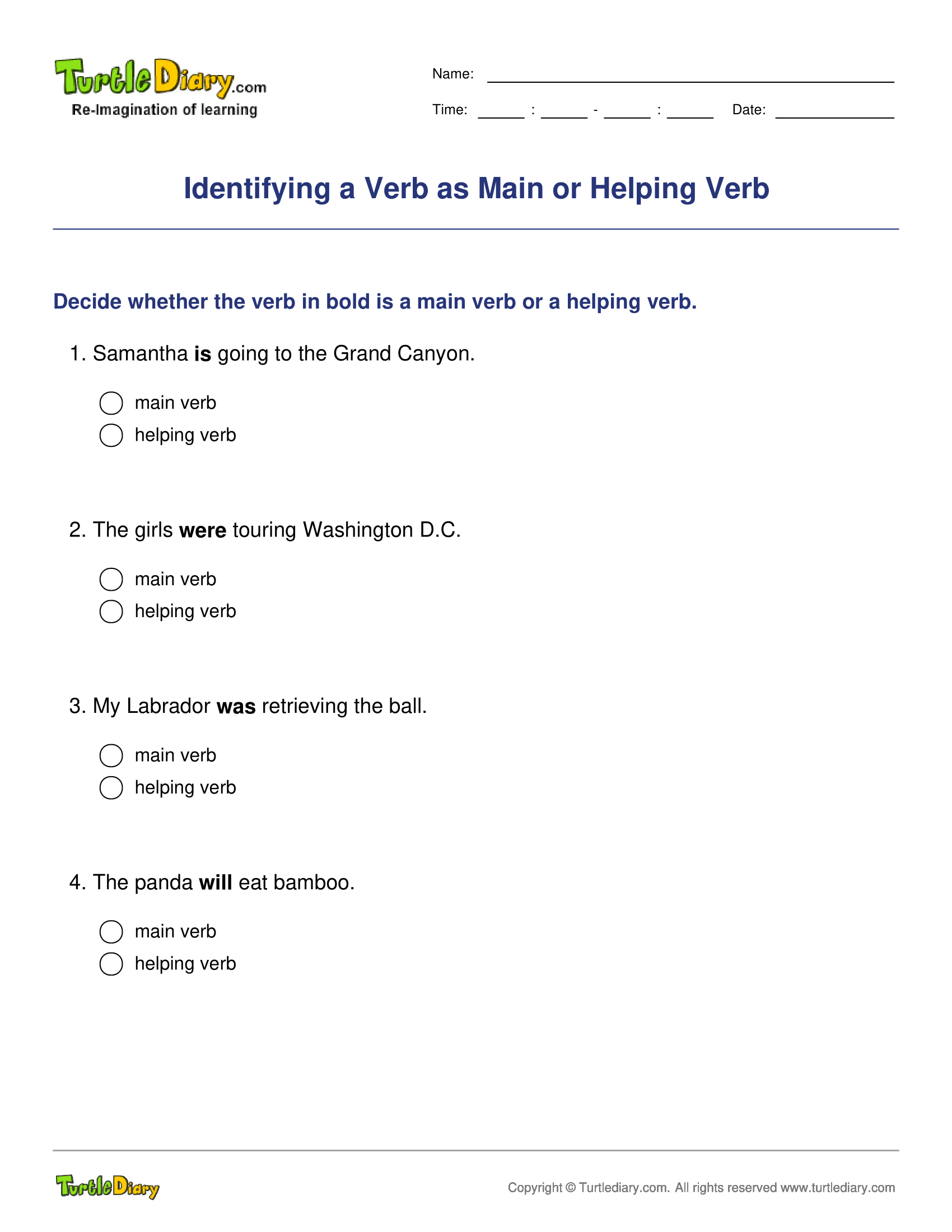 Identifying a Verb as Main or Helping Verb