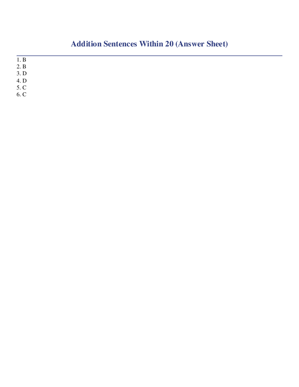 Addition Sentences Within 20 Answer