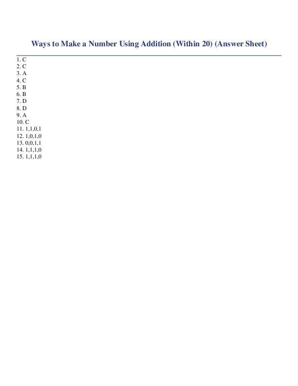 Ways to Make a Number Using Addition (Within 20) Answer