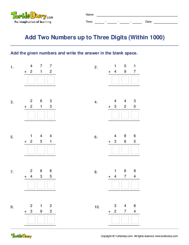 Add Two Numbers up to Three Digits (Within 1000)