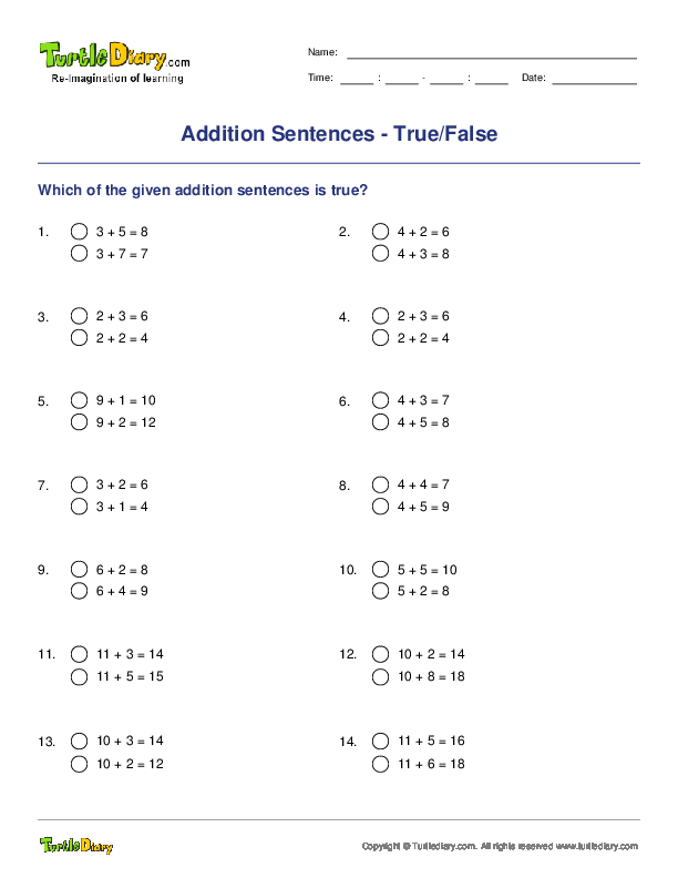 Addition Sentences - True/False
