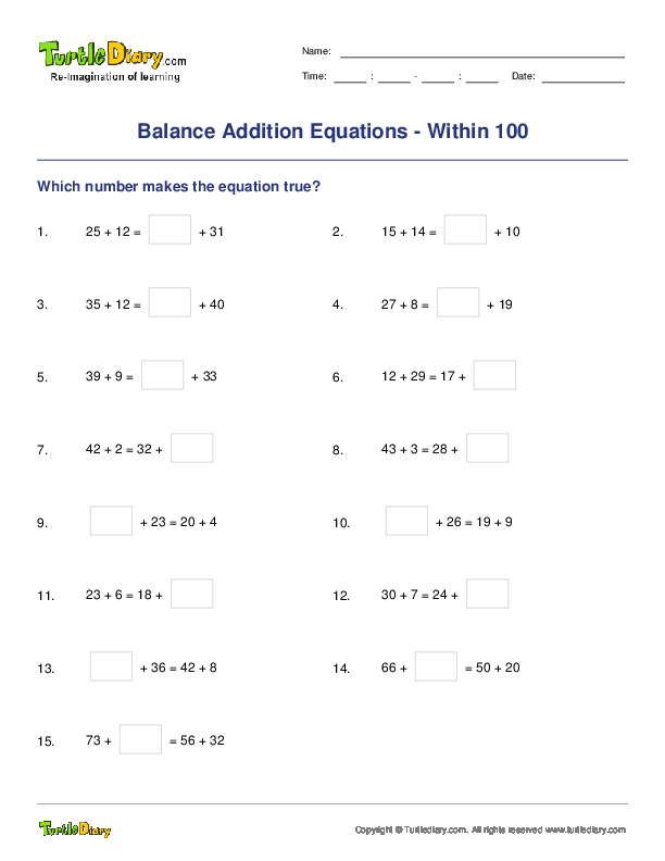 Balance Addition Equations - Within 100