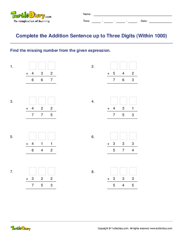 Complete the Addition Sentence up to Three Digits (Within 1000)