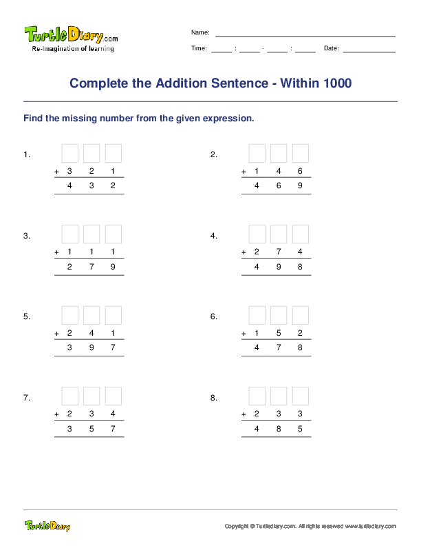 Complete the Addition Sentence - Within 1000