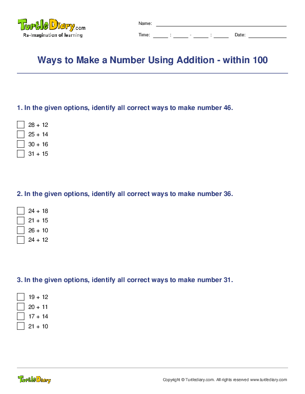 Ways to Make a Number Using Addition - within 100