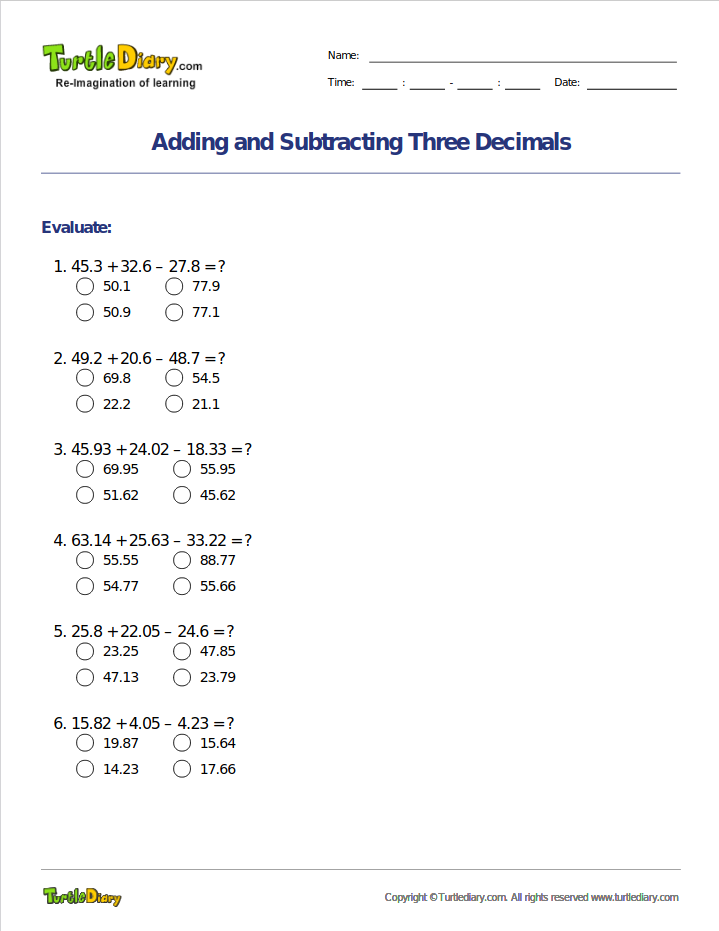 Adding and Subtracting Three Decimals