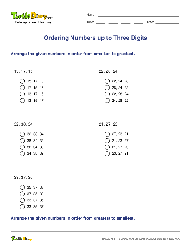 Ordering Numbers up to Three Digits