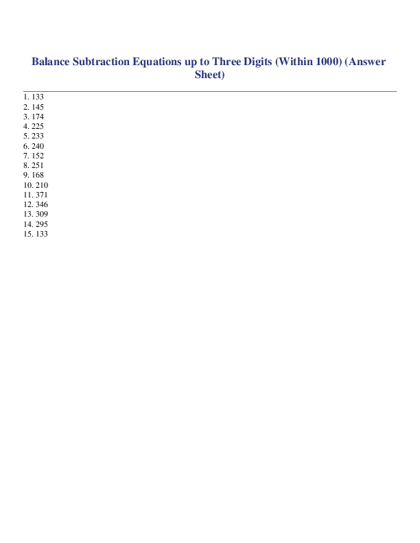Balance Subtraction Equations up to Three Digits (Within 1000) Answer