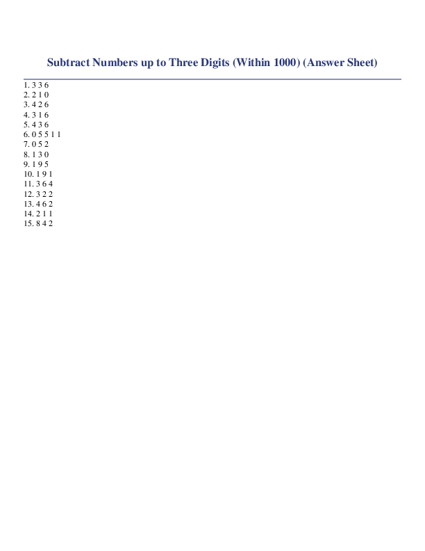 Subtract Numbers up to Three Digits (Within 1000) Answer