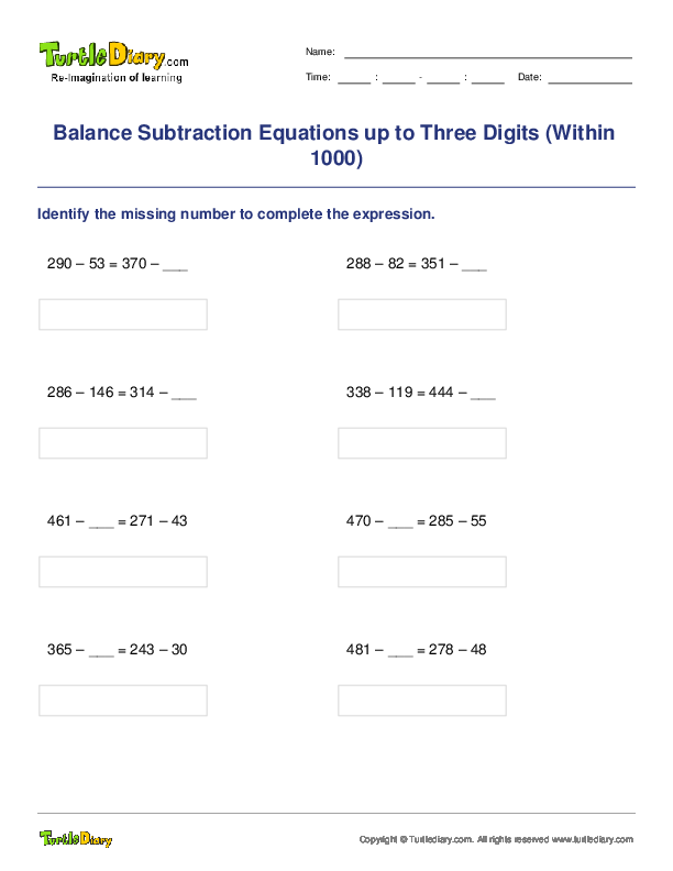 Balance Subtraction Equations up to Three Digits (Within 1000)
