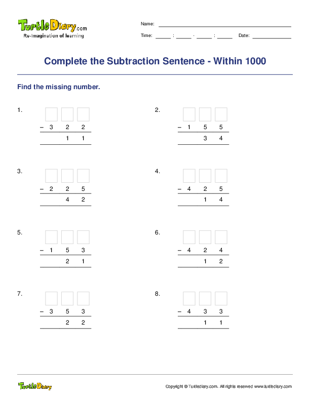 Complete the Subtraction Sentence - Within 1000