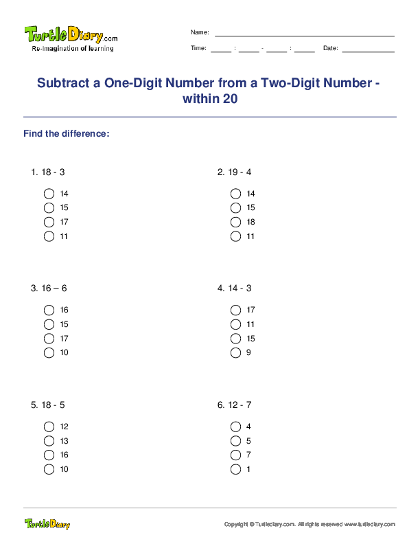 Subtract a One-Digit Number from a Two-Digit Number - within 20