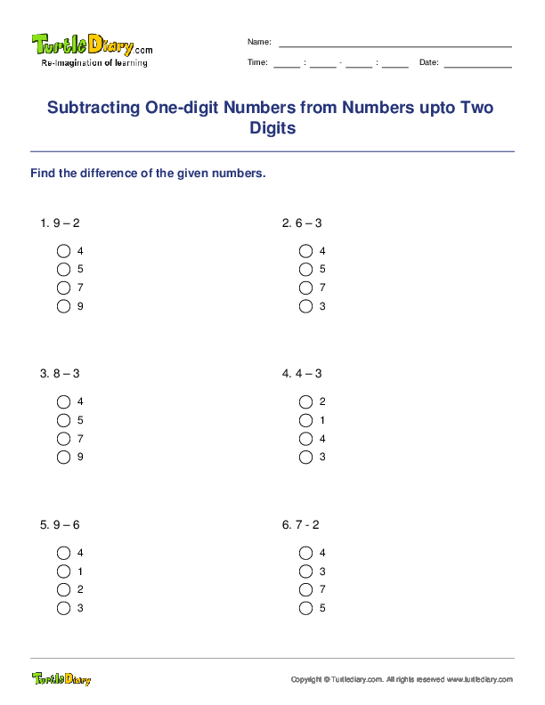 Subtracting One-digit Numbers from Numbers upto Two Digits