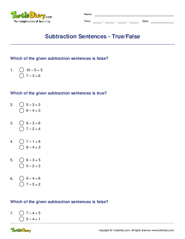 Subtraction Sentences - True/False