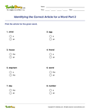 Identifying the Correct Article for a Word Part 2 - determiners - Second Grade