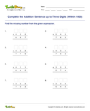 Complete the Addition Sentence up to Three Digits (Within 1000) - addition - Third Grade