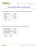 Price Lists with Addition and Subtraction - money - Fourth Grade