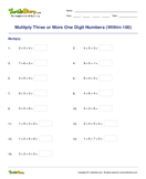 Multiply Three or More One Digit Numbers (Within 100) - multiplication - Third Grade