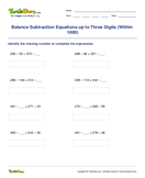 Balance Subtraction Equations up to Three Digits (Within 1000) - subtraction - Third Grade