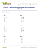 Subtract a One-Digit Number from a Two-Digit Number - within 20 - subtraction - Second Grade